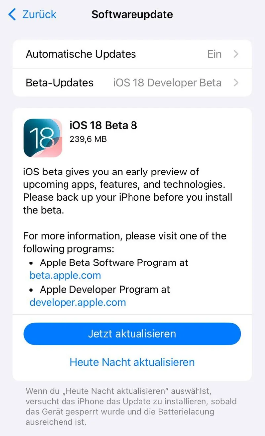 吉隆苹果手机维修分享苹果 iOS / iPadOS 18 开发者预览版 Beta 8 发布 